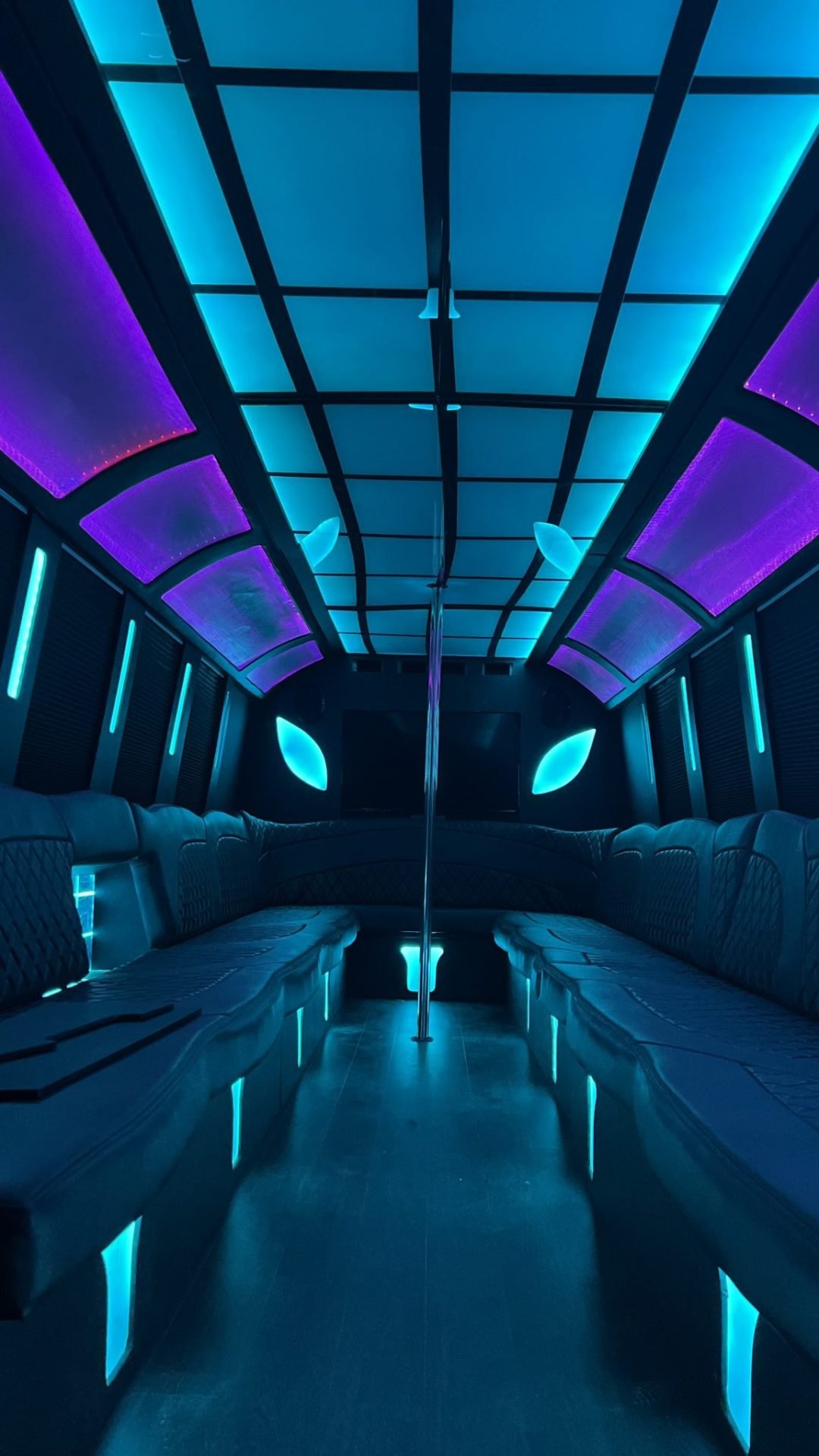 Limo executive bus interior with LED ceiling and bar — Ballantyne Limousine, Charlotte NC