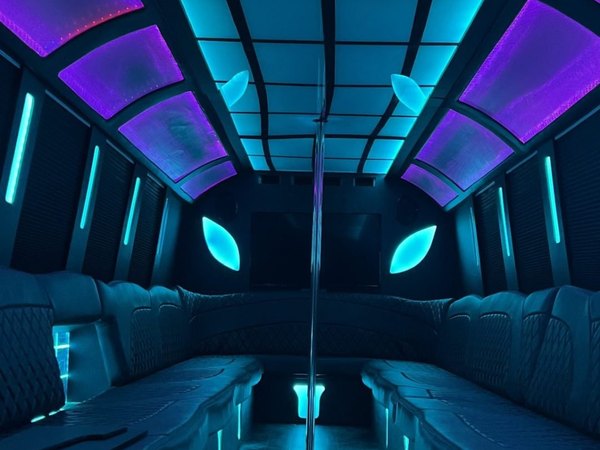 Limo executive bus interior with LED ceiling and bar — Ballantyne Limousine, Charlotte NC