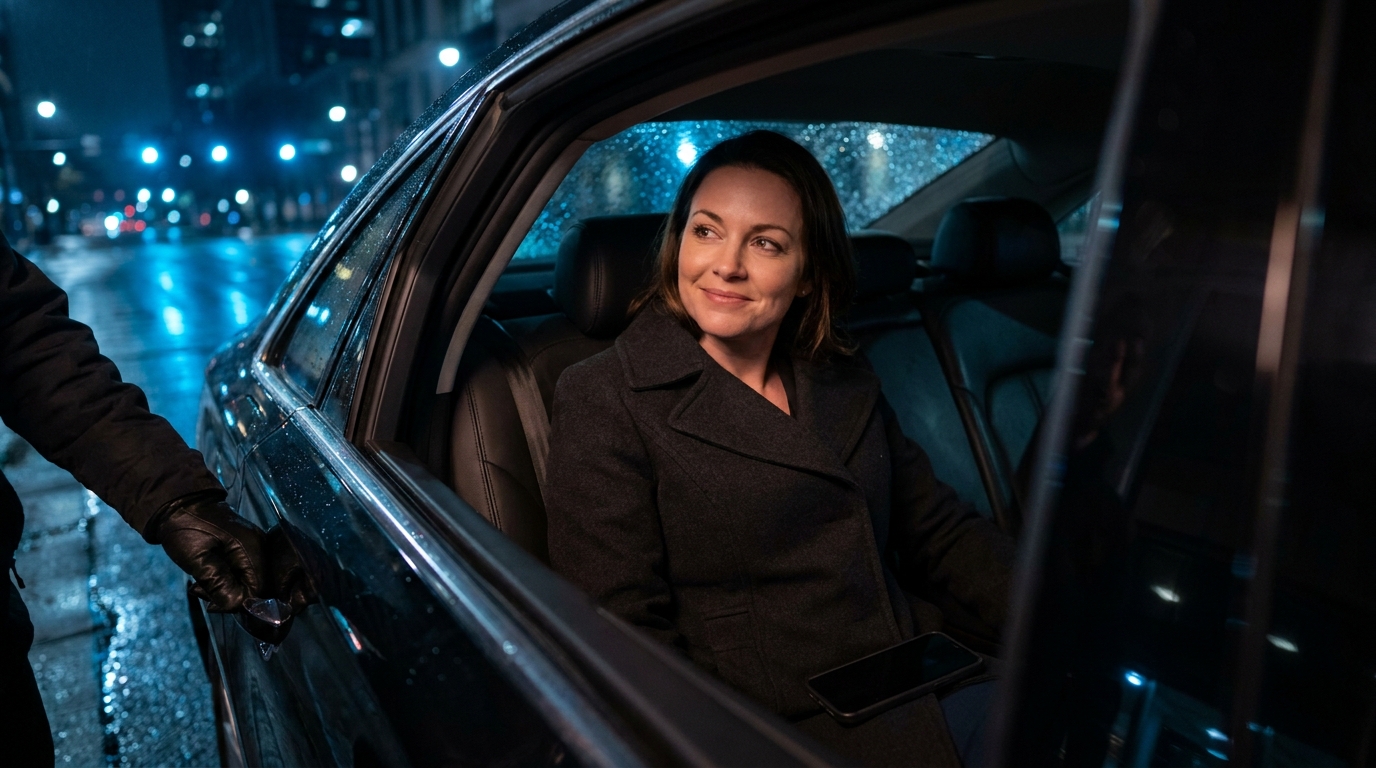 A guest smiles from the back of a black luxury sedan at night as the chauffeur holds the door.
